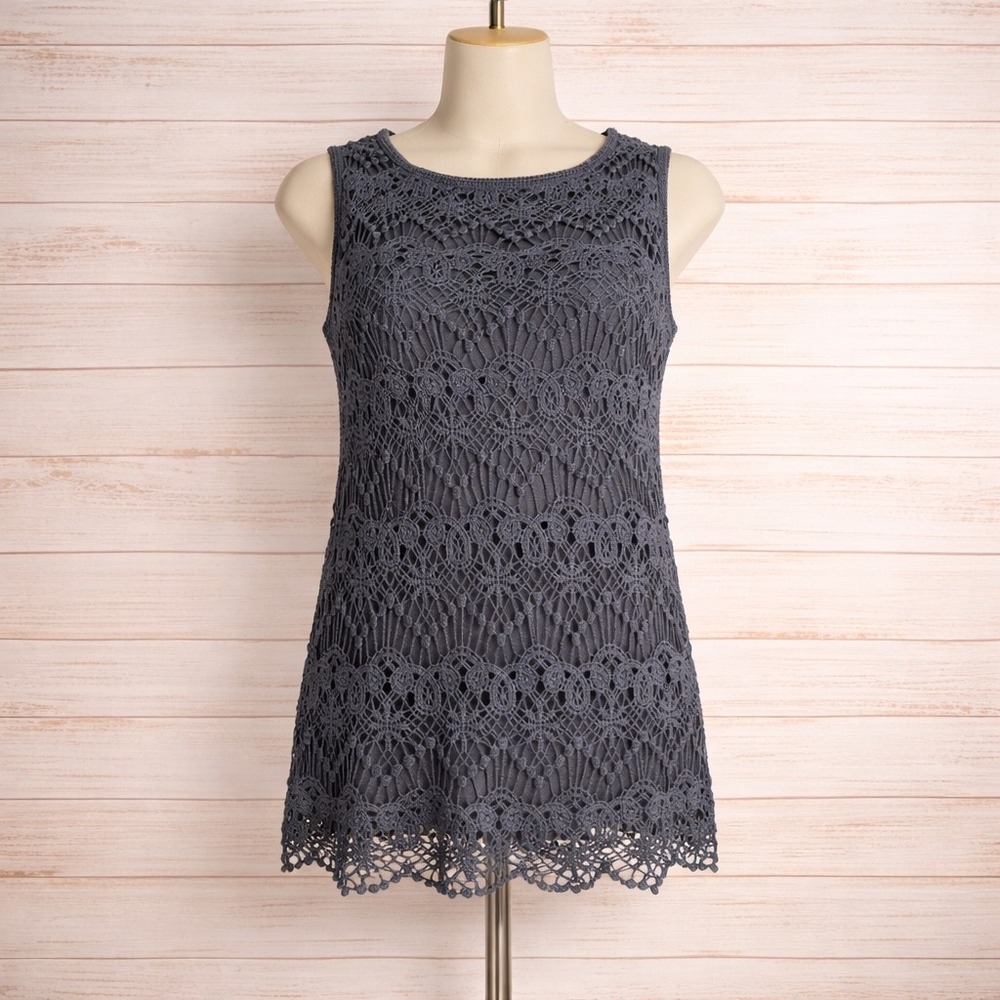Boho Crochet Lace Sleeveless Top S Navy Blue Scalloped Hem Romantic Office Siren